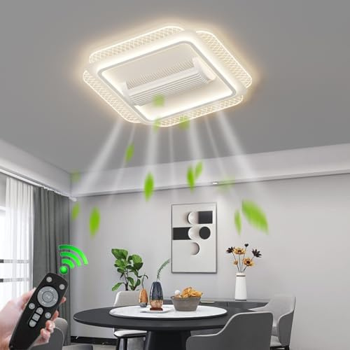 Stesulfr Ceiling fan with light LED Bladeless silent fan with lighting remote control Ceiling Fan with Remote dimmable 90W creative acrylic 6-speed square fan suitable for bedroom restaurant and kitch