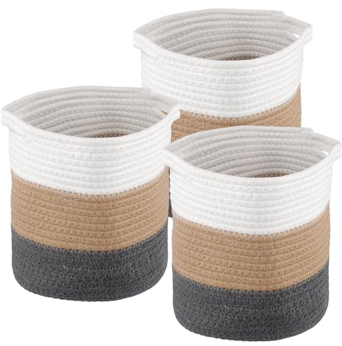 SINJEUN Set med 3 handgjorda bomullsrep ytterkruka korg, 20 cm diameter vit beige svart blomkruka flätad, växtkruka för inomhusväxter