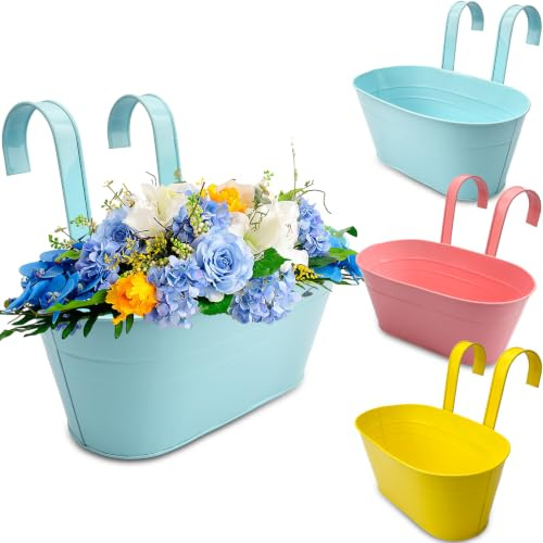 Roellgs 3Pcs Metal Hanging Flower Pots, 28.5cm Large Plant Pots Hanging Flower Bucket with Detachable Hook for Balcony Fence Garden Home Decor (3, Colorful)