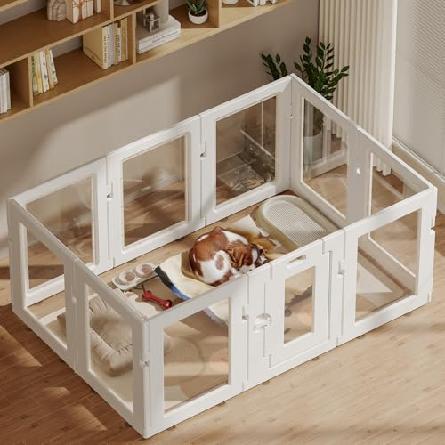 Hoencraft Clear Acrylic Dog Playpen Indoor, Puppy Cat Small Pet Play Pen, Easy Assemble & Disassemble Sturdy Plastic Dog Fence with Heavy Duty Door Lock (24In H, 10PCS), White
