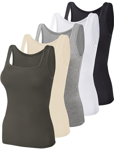 BQTQ 5 Pcs Women's Square Neck Tank Tops Sleeveless Undershirts, M(TeaLeaf) | Square Neck Undershirts for Women, Slim Fit and Stretchy Summer Tank Tops Ribbed Sleeveless Layering Tank Top