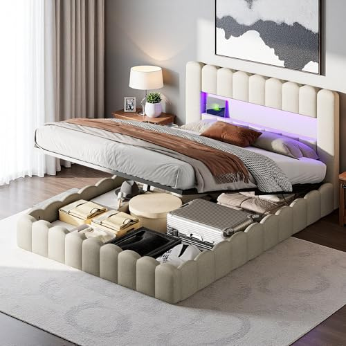 Yeutre Lit Coffre 140x200 avec éclairage LED et USB, Bubble Lit Rembourré avec Tête de Lits e Sommier à Lattes, Cadre de Lits Double pour Adultes et Adolescent, Lin, sans Matelas (Beige 1, 140x200cm)