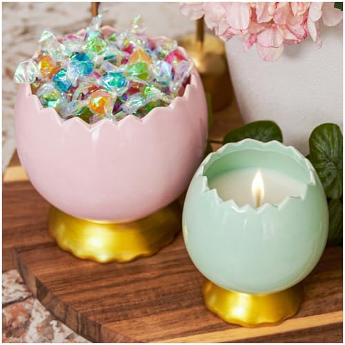 WDS WONDROUS 2-Pack Cracked Egg Ceramic Candles Set, Gilded Petal Base Scented Soy Wax & Empty Jar, Pastel Green & Pink Easter Spring Home Decor, Creative Gift for Women, Table Centerpiece