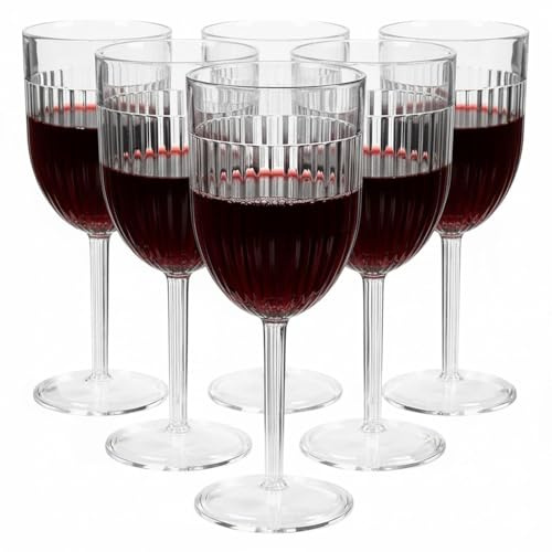 Greenfields Set of 12 Reusable Plastic Wine Glasses with Stem, 350ml Clear Ribbed Shatterproof Tumblers for Garden Parties, BBQs, Picnics, Camping & Poolside Drinks