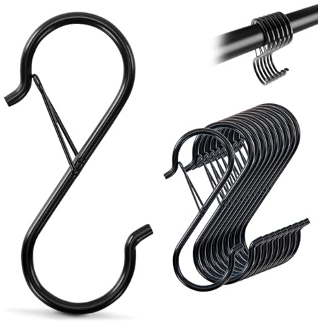 WISEPRO 10 Stück S-Haken, 9 cm Edelstahl Aufhängehaken mit Sicherheitsschnalle – Anti-Drop Haken für Kleiderstange, Schrank, Werkstatt, Bad, Küche, Garten,Schwarz