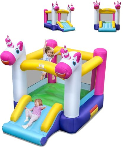 COSTWAY Château Gonflable sur Thème Licorne avec Toboggan et Maison de Saut, Aire de Jeux Gonflable en Tissu Oxford avec Sac de Transport, Intérieur Extérieur jusqu'à 2 Enfants de 3-12 Ans