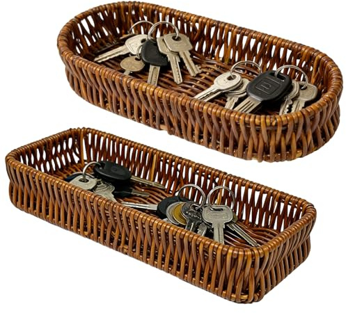 2Pcs Key Bowl, Rattan Tray Set for Hallways and Entryways, Organized Key Storage Solution with Rectangular and Oval Designs, Home Decor Accessory for Multiple Room Organization