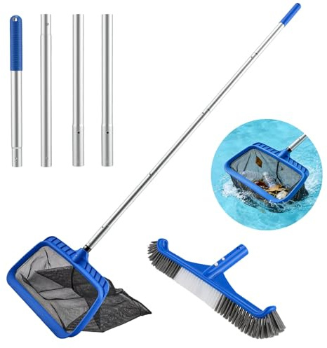 Kit de Nettoyage pour Piscine - Épuisette Piscine à Mailles Extra Fines et Brosse Piscine 45cm avec Manche 4 Sections pour Skimmer, Ramassage Feuilles - Accessoire Piscine Hors Sol