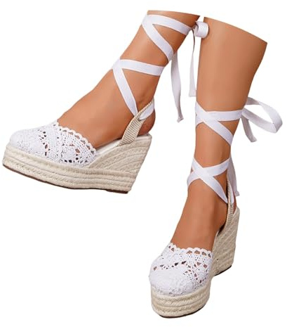 Genérico Sandalias Casuales Verano con Encaje Calado Punta Redonda Estilo Alpargata Tira Tobillo Zapatos Playa Mujeres Cuña (White, 35)