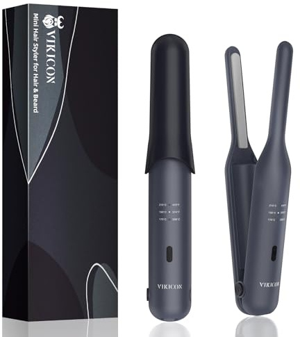 VIKICON Beard Straightener for Men, 2-in-1 Mini Hair Straightener & Curler, Wireless Battery Straightener with 3 Temperature Levels, Straightener for Beard, Short Hair & Travel (Black)