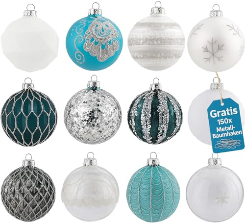 12er Set Luxus Weihnachtskugeln Echtglas Glaskugeln Weihnachten Weihnachtsdeko Christbaumkugeln Set A 6 cm türkis