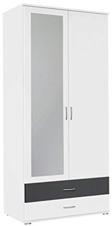 Rauch Möbel Noosa Schrank Drehtürenschrank, Weiß-Grau metallic, Schwarz, 2-türig mit Spiegel und 2 Schubladen, inkl. Zubehörpaket Basic 1 Kleiderstange, 1 Einlegeboden BxHxT 85x188x52 cm