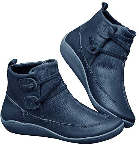 Ladies Flat Boots Fashion Vintage Leather Ankle Boots Pull On Lace-up Low Wedge Flat Heel Rounded Toe School Work Office Shoes Blue 6 UK