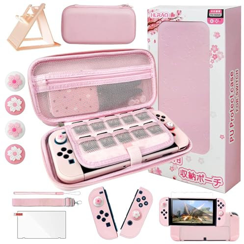 HLRAO Kit d'accessoires pour étui de transport rose Sakura compatible avec Switch OLED .Housse de protection pour interrupteur rose, support réglable,protecteur d'écran et jolies poignées de pouce.