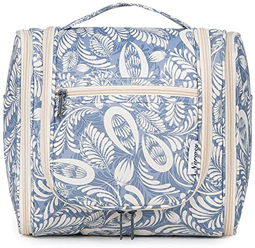 Narwey Groß Kulturbeutel Damen & Herren - Kulturtasche Zum Aufhängen, Kinder Kosmetiktasche - Waschtasche für Frauen & Mädchen (Blaues Blatt (Groß))