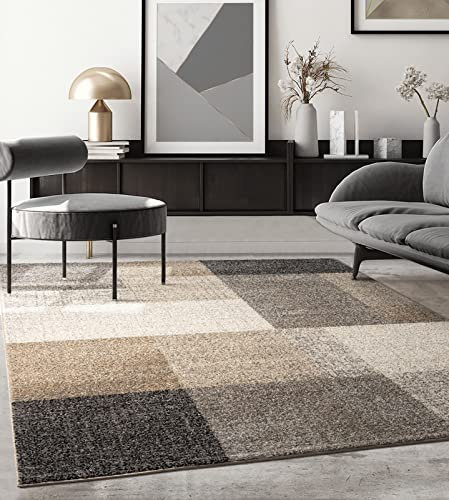 the carpet Pearl Moderner Dichter Kurzflor Wohnzimmer Schlafzimmer Teppich, Konturenschnitt, Geometrische Muster, Kariert, Beige, 200 x 280 cm