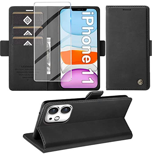 Giyer Handyhülle für iPhone 11 Hülle mit Schutzfolie, Standfunktion Kartenfach Wallet Premium Leder Schutzhülle für iPhone 11 5G 6.1 Zoll Flip Case Cover Stoßfeste Klapphülle (Schwarz)