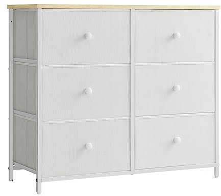 SONGMICS Chest of Drawers, 6 Fabric Drawers with Metal Frame, Storage Organiser Unit, Dresser, for Nursery, Bedroom, Hallway, White and Oak LTS323W57