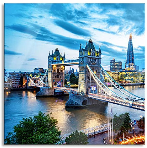Pixxprint Glasbild, Wandbild auf Echtglas, Beleuchtete Tower Bridge am Abend, 80x80 cm, inkl. Aufhängung und Abstandshalter