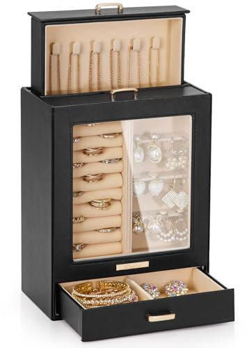 Seelux Schmuckkästchen, Schmuckschatulle mit 3 Schubladen, Schmuckkasten mit Glasfenster, für Halsketten, Ringe, Armbänder, Ohrringe (Schwarz + Gold)