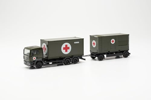 herpa LKW Modell Man TGA L Container-Hängerzug Bundeswehr/SAN, Miniatur im Maßstab 1:87, Sammlerstück, Made in Germany, Kunststoff, Grün