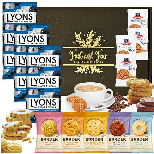 Lyons Decaf Coffee Gift Set - Hamper Selection of Decaff Coffee Bags Bundled with Luxury Individually Wrapped Border Biscuits and Indulgent Caramel Stroopwafels | 18 Items in Gold Embossed Gift Box