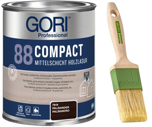 GORI 88 Premium Holzschutz Lasur 0,75 Liter, für außen + Profi Pinsel Lasur Plus 50 mm (Palisander)