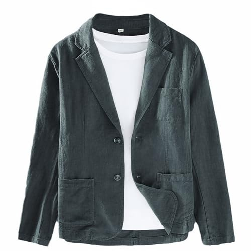 GIBZ Giacca da Uomo in Lino con Tasca Semplice Giacche da Abito in Tinta Unita Allentata con Risvolto Dentellato Cappotto Blazer Sportivo a 2 Bottoni Grigio L