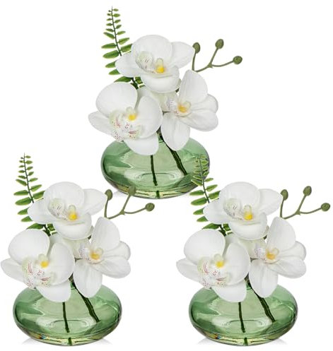 Briful 3er Set Kunstblumen Künstliche Orchideen Kunstblumen Wie Echt Dekoblumen mit Glasvase Bad Deko Kunstpflanze für Wohnzimmer Party Büro Badzimmer