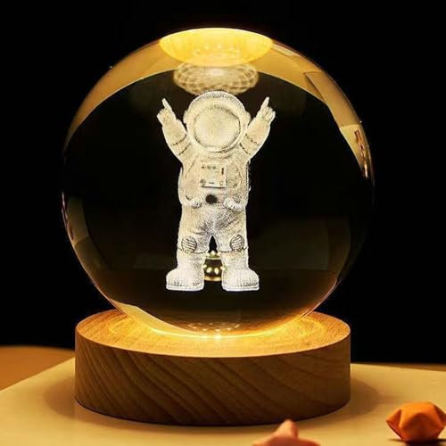 Kytpyi Luce Notturna, Lampada Luna, Inciso in 3D Luce Notturna Bambini Adulto con LED 1 Base in Legno 1 Confezione Regalo, Sfera Di Cristallo Creativo Trasparente per Regalo Decorazione (Cosmonauta)
