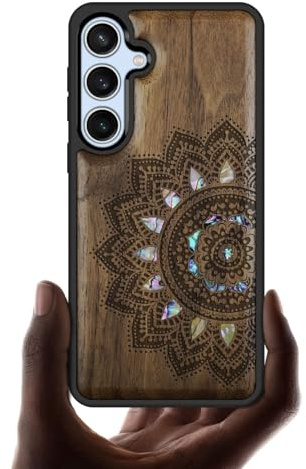 Carveit Designer Wooden Case for Samsung Galaxy S24 FE Case Cover [Wood Engraving & Shell Inlay] Compatible with Wireless Chargers S24 FE Case (Mandala Art-Walnut)