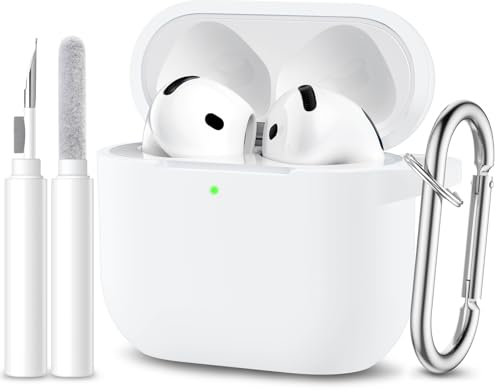 Maledan Cover Compatibile con AirPods 4 2024 Custodia, Case Protettiva Antiurto in Silicone Morbido per Apple AirPods 4 Generazione Custodia con Kit di Pulizia e Moschettone [LED visibile], Bianco