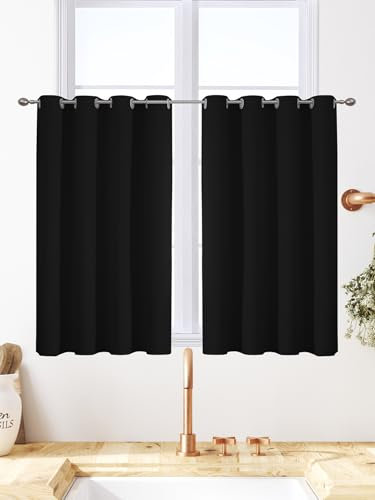 VEHEDE Tende oscuranti corte piccole per bar, 83 cm, con occhielli, tende termiche per cucina, soggiorno, 116 x 83 cm, colore nero, 2 pannelli