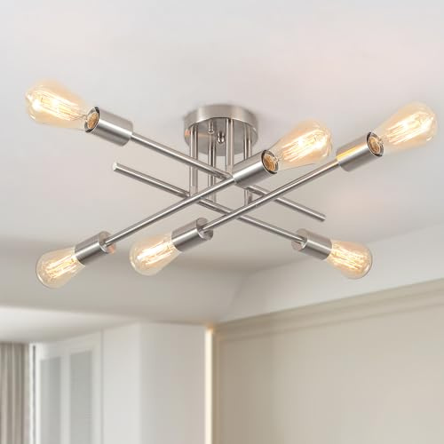 LXWNYY 6 Flammig Industrial Vintage Deckenleuchte Silber 52 cm 60W Dimmbar | Galvanisierte Metall, E27 Fassungen,Sputnik Lampe Deckenleuchte für Schlafzimmer Küche Flur