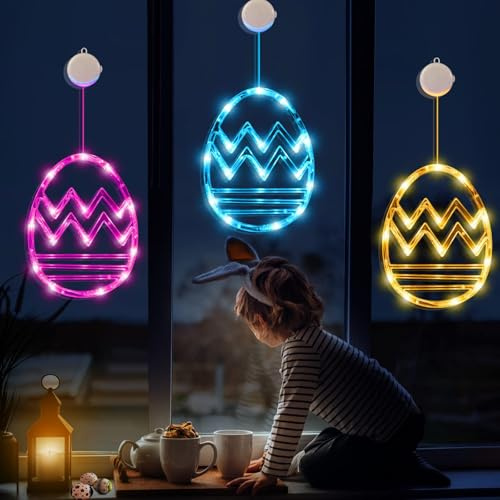 OKESYO Osterdeko Led Fenster Licht, 3 Stück Led Ostereier zum Aufhängen, Osterdeko LED Lichterkette mit Saugnäpfe, Ostern Fensterbeleuchtung für Outdoor Innen Zimmer Wohnzimmer