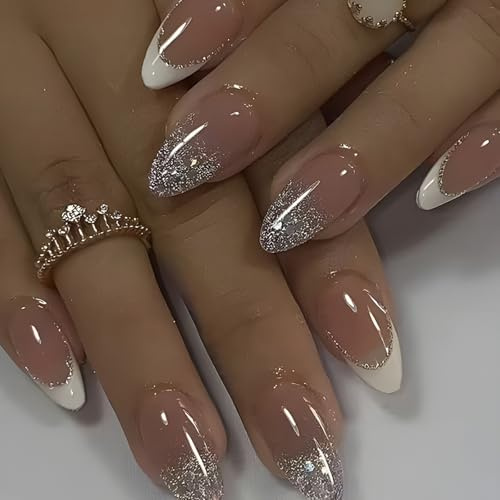 24 Stück Nägel zum Aufkleben Mittel Mandel, Nude Rosa Natürlich French Press on Nails Silber Glänzend Kunstnägel Künstliche Nägel, Ballerina Acryl Fingernägel zum Aufkleben für Frauen Mädchen