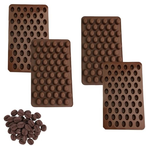 Bustlwor 4 Piezas Molde Bombones Silicona, 55 Mini Moldes de Silicona de Grano de Café para Hornear, para Pasteles, Gelatina (Marrón)