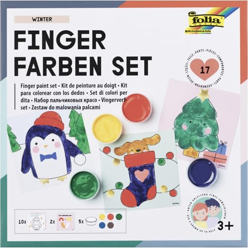 folia 48212 - Kit de Peinture au Doigt Hiver, kit créatif avec 5 x 30 ML de Peinture au Doigt Lumineuse, 10 modèles à colorier avec des Motifs hivernaux et 2 modèles à mélanger, Instructions incluses