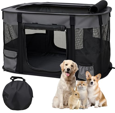 The Fellie Dog Pen, Portable Large Puppy Play Pen, Waterproof Oxford Kitten Playpen, Travel Pet Puppy Cage for Pets, Foldable Cat Tent for Dog Carrier, Grey, 112 * 86 * 61CM