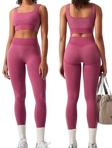 OLCHEE Womens Workout Sets 2 Piece Seamless Square Neck Sports Bra Padded Butt Lifting Leggings High Waist Yoga Gym Outfits - Orchid Purple X-Large