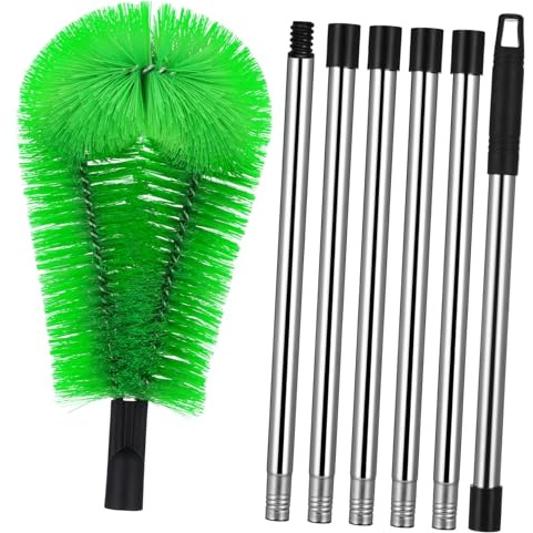 Healvian Brosse De Nettoyage De Gouttières Et Perche Télescopique 2 Brosses Vertes 6 Manches Réglables Tête Flexible Pour Nettoyage Gouttière Toit Plafond Outil Polyvalent