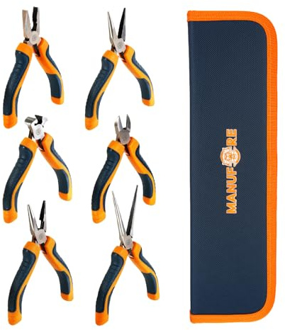 MANUFORE Set de 6 mini-pinces de précision (10-15 cm) pour bijoux, électronique et bricolage, avec pochette de rangement