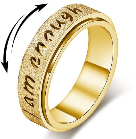 LuckyAmor Fidget Spinner Ring for Women - I Am Enough Fidget Toys, Rotating Anxiety Relief Jewelry, Stainless Steel Inspirational Hope Rings for Adults (Gold, 9)