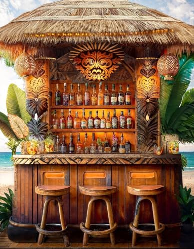 Tropical Beach Bar Tiki Mural, Tapestry & Curtain Waterproof Outdoor Wall Hanging, Thatched Hut Bar Wall Art & Coastal Fence Decor W120cm x H180cm, W47.24 inches x H70.87 Inches