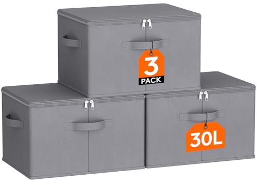 Lifewit 30L Aufbewahrungsbox mit Deckel, 3er-Pack Stoffbox mit Griff, Grau | Faltbare Schrank Organizer, Aufbewahrung für Kleidung, Vliesstoff, 40 x 30 x 25 cm