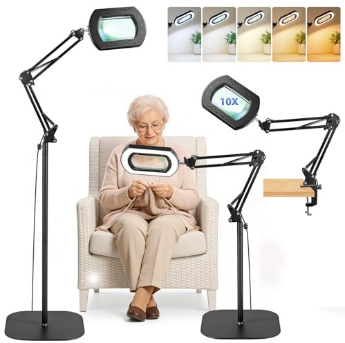 10X Lupe mit Licht und Ständer, 3-in-1 LED-Vergrößerungslampe freihändig,5 Farbmodi Stufenlos Dimmbar, leselupe für senioren groß, vergrößerungsglas Hände Frei für Malerei,Nähen, chließen Arbeit