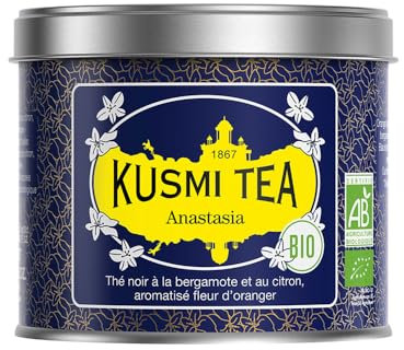 Kusmi Tea - Anastasia Bio - Thé Noir Biologique à la Bergamote, Aromatisé à la Fleur d'Oranger- Thé Earl Grey Emblématique - Boîte en Métal 100g - Quantité pour environ 50 Tasses
