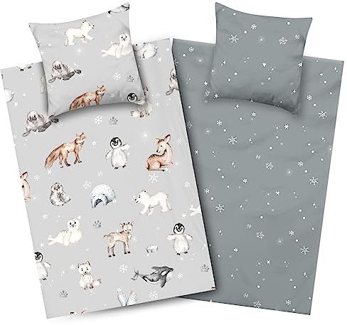 Aminata kids Biber Bettwäsche 135x200 Kinder Pinguin Eisbär Hirsch 100% Baumwolle, Reißverschluss, Kinderbettwäsche mit Winter-Motiv, warm, weich & kuschelig