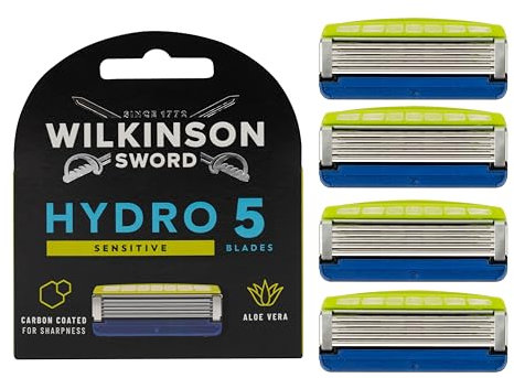 Wilkinson Sword - Hydro 5 Sensitive Rasierer für Männer, 4 Ersatzklingen, Feuchtigkeitsspendende Gel-Pools und Hautschutzbügel
