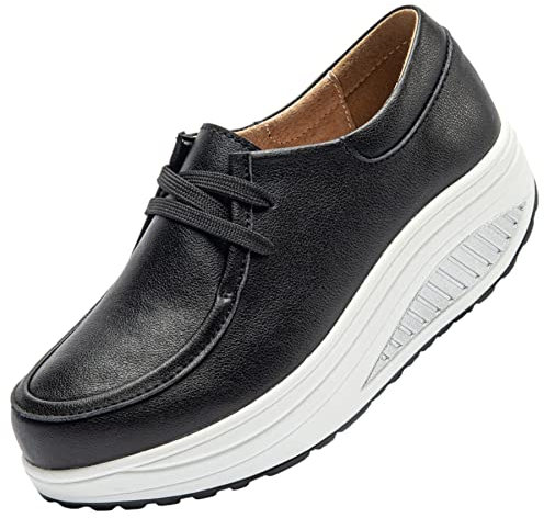 rismart Cuero Plataforma Zapatillas Balancin Mujer Cómodo Casual Caminar Zapato Negro,40.5